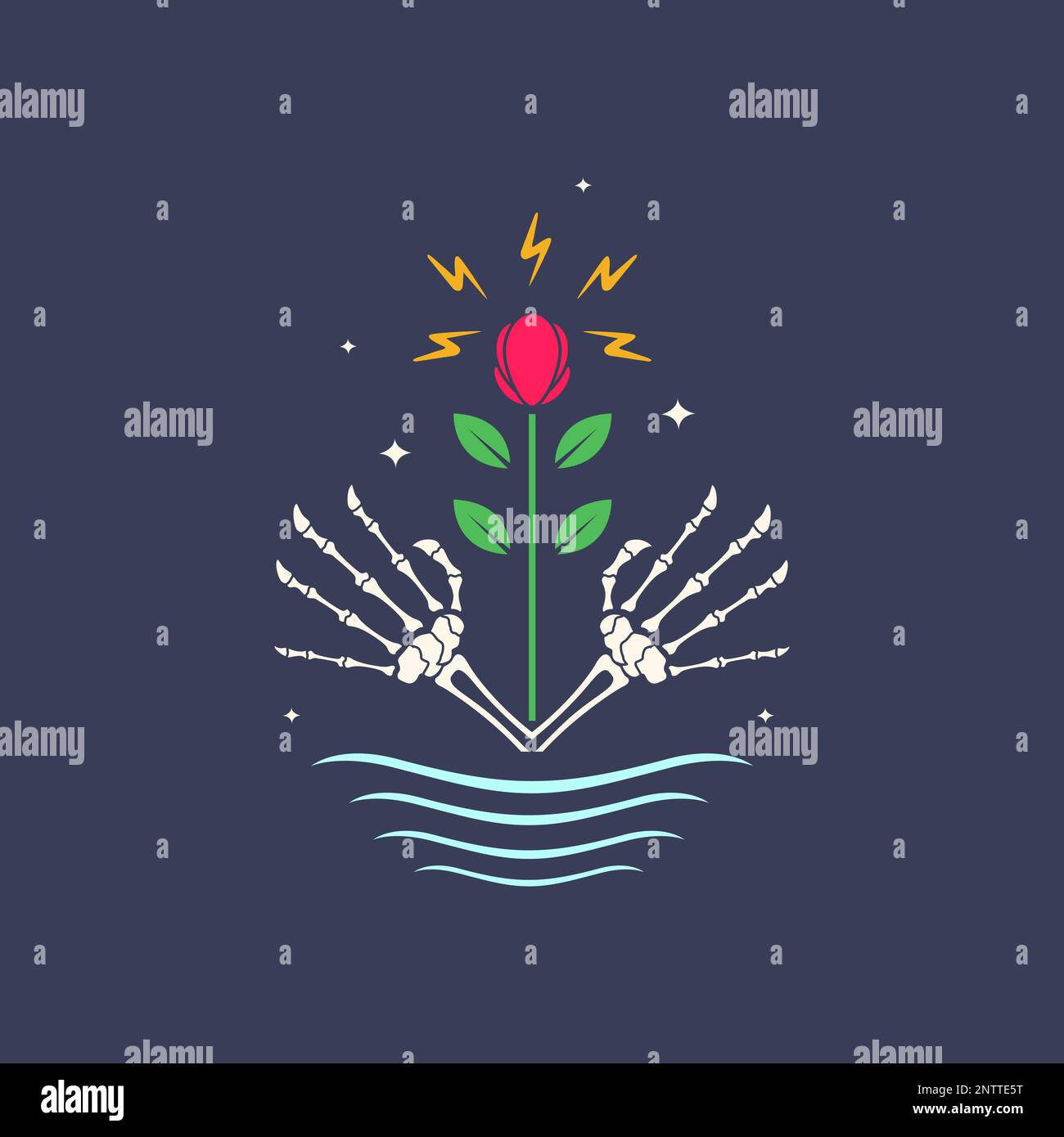 arte mano cranio acque fiori thunderbolt scuro notte logo vettore di design Illustrazione Vettoriale