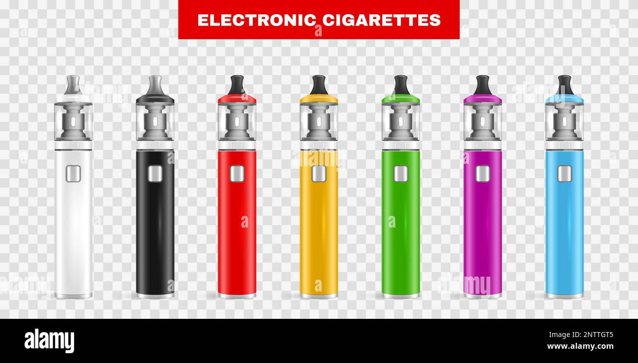 Set di sigarette elettroniche vape realistiche con immagini isolate di vapori colorati su sfondo trasparente con testo vettoriale Illustrazione Vettoriale