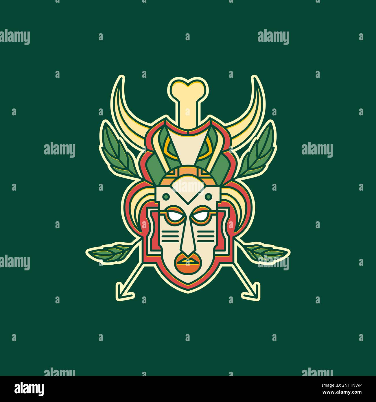 maschera tribù cultura legno foresta natura foglie ossa corno frecce  colorato badge adesivo logo disegno vettore Immagine e Vettoriale - Alamy