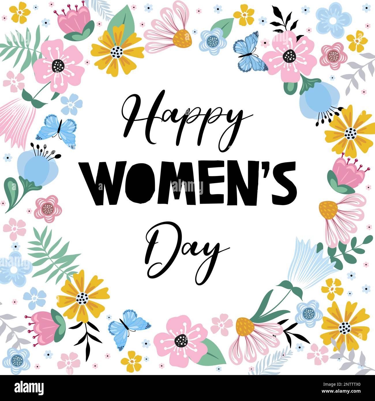 Giornata internazionale della donna. Banner, volantino per la decorazione di marzo 8 con fiori di carta e iscrizione disegnata a mano. Illustrazione Vettoriale
