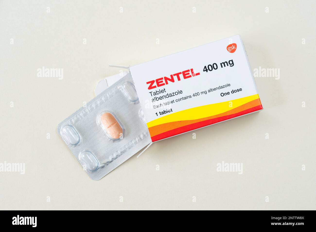 Compressa di Zentel, usata per trattare le infezioni causate da vermi Foto Stock