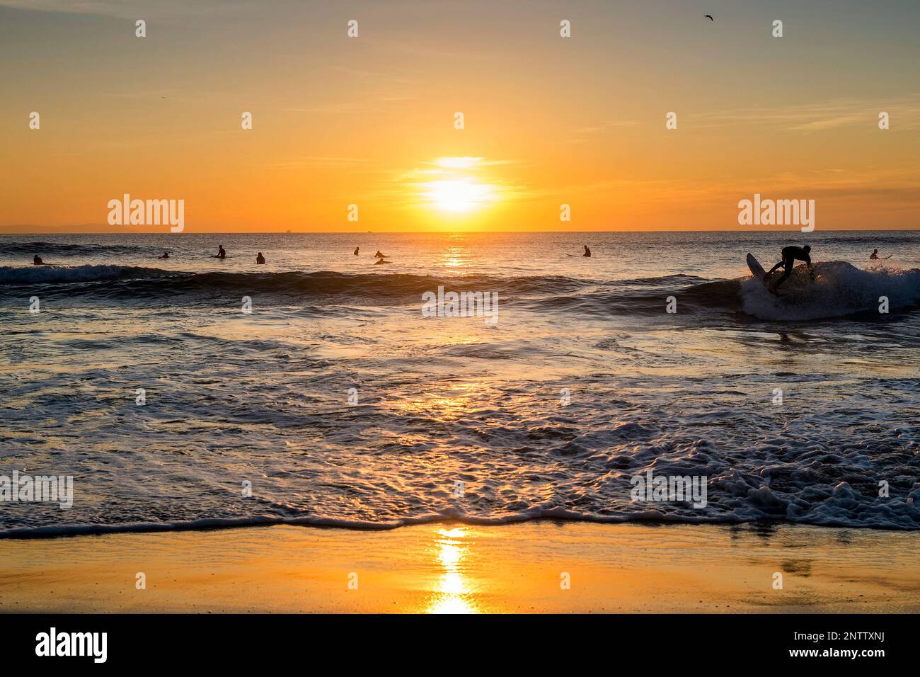 Molti surfisti fanno surf alla spiaggia di Los Lances al tramonto, Tarifa, provincia di Cadice, Andalusia, Spagna Foto Stock