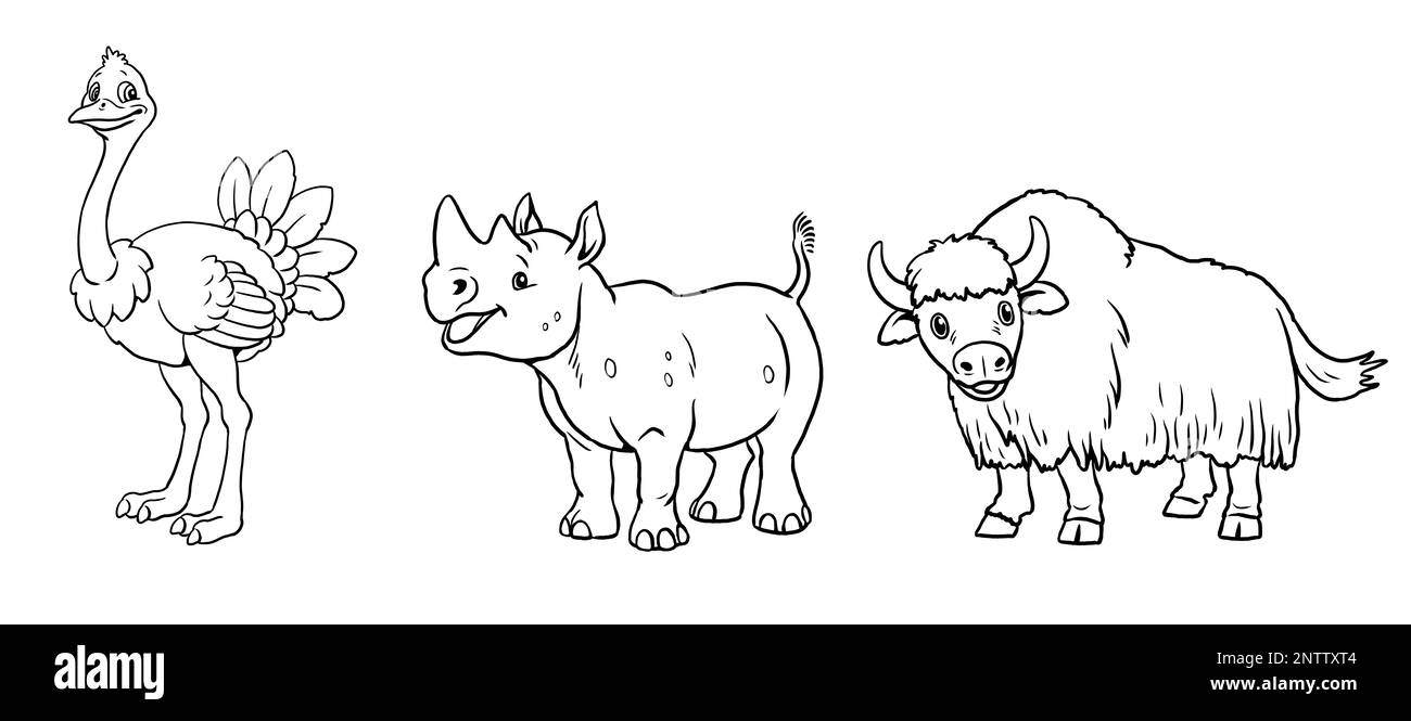 Struzzo carino, rinoceronte e yak a colori dentro. Modello per un libro da colorare con animali divertenti. Modello da colorare per bambini. Foto Stock Struzzo carino, rinoceronte e yak a colori dentro. Modello per un libro da colorare con animali divertenti. Modello da colorare per bambini. Foto Stock