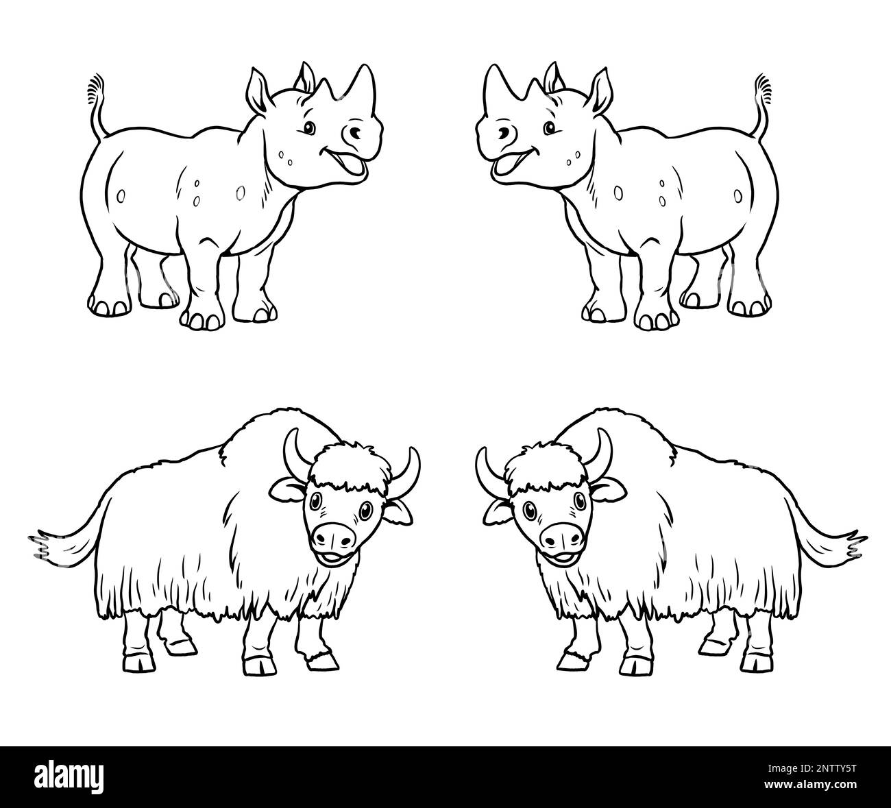 Rinoceronte carino e yak a colore dentro. Modello per un libro da colorare con animali divertenti. Modello da colorare per bambini. Foto Stock Rinoceronte carino e yak a colore dentro. Modello per un libro da colorare con animali divertenti. Modello da colorare per bambini. Foto Stock