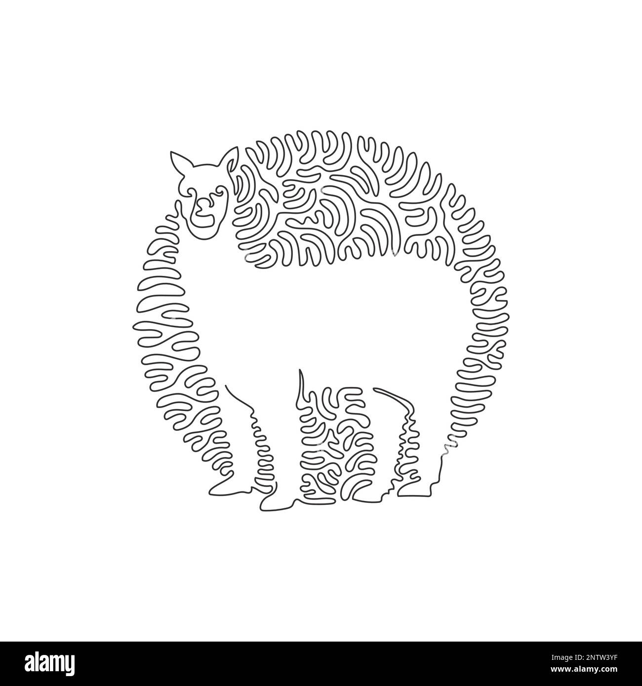 Continua una linea curva disegno di divertente alpaca astratta arte in cerchio. Illustrazione del vettore di tratto modificabile a linea singola di alpaca delicata e amichevole Illustrazione Vettoriale