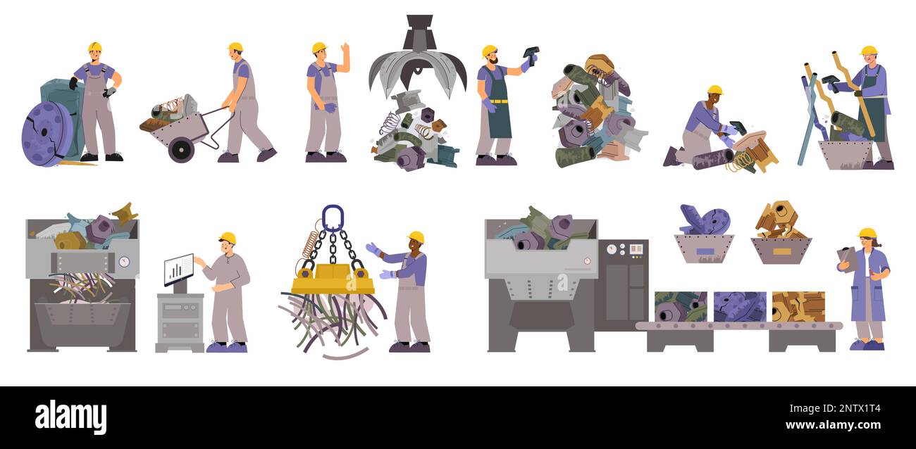 Set piatto di metallo di scarto con immagini isolate di operai di macchinari e articoli di scarto di ferro che sono stampati illustrazione vettoriale Illustrazione Vettoriale