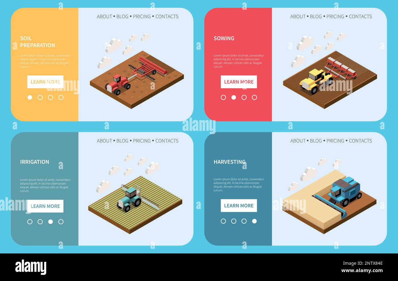 Industria del grano quattro landing pages che forniscono informazioni sulla preparazione del suolo semina irrigazione raccolta isometrica illustrazione vettoriale Illustrazione Vettoriale