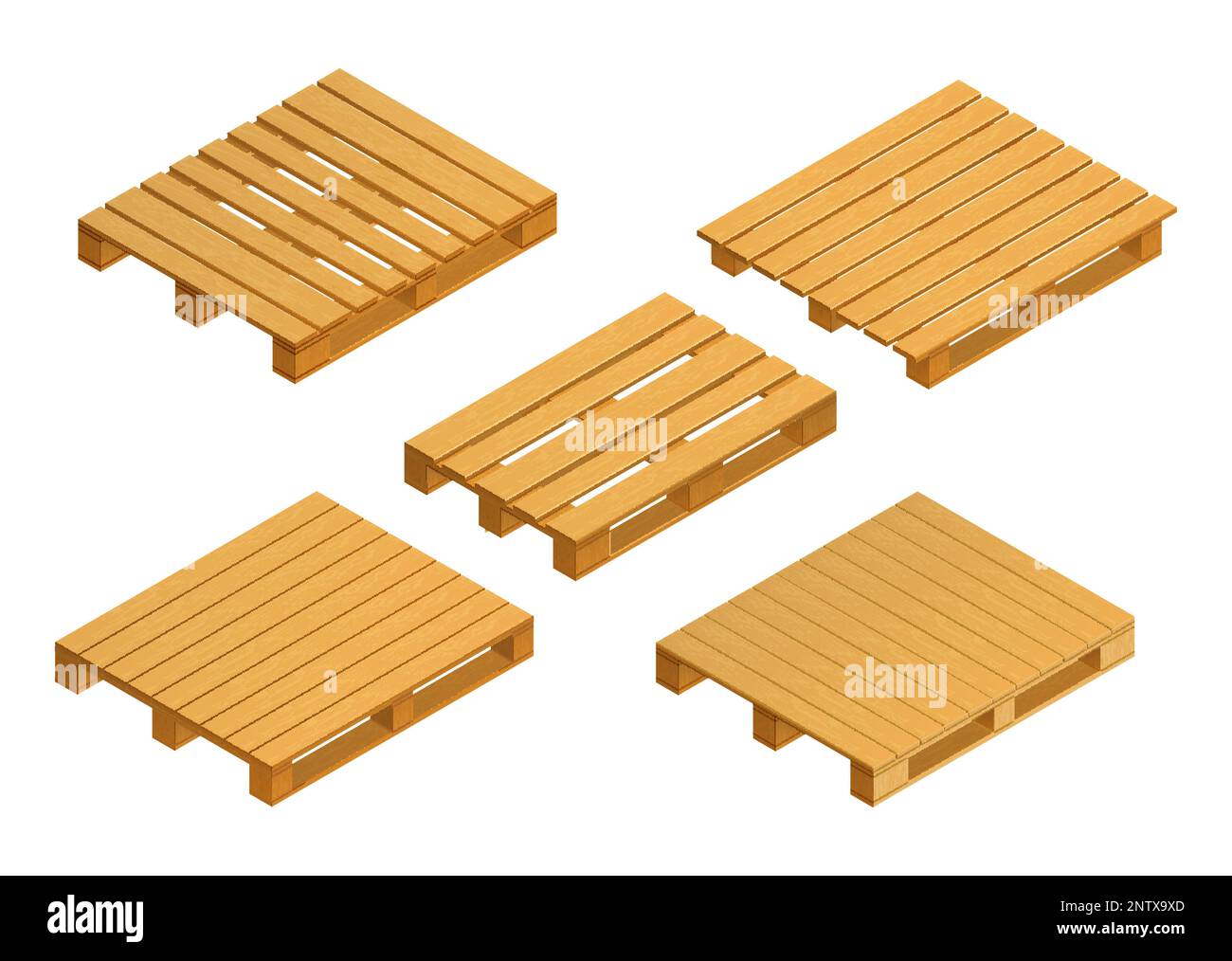 Pallet in legno per trasporto e spedizione icone isometriche set isolato vettore illustrazione Illustrazione Vettoriale