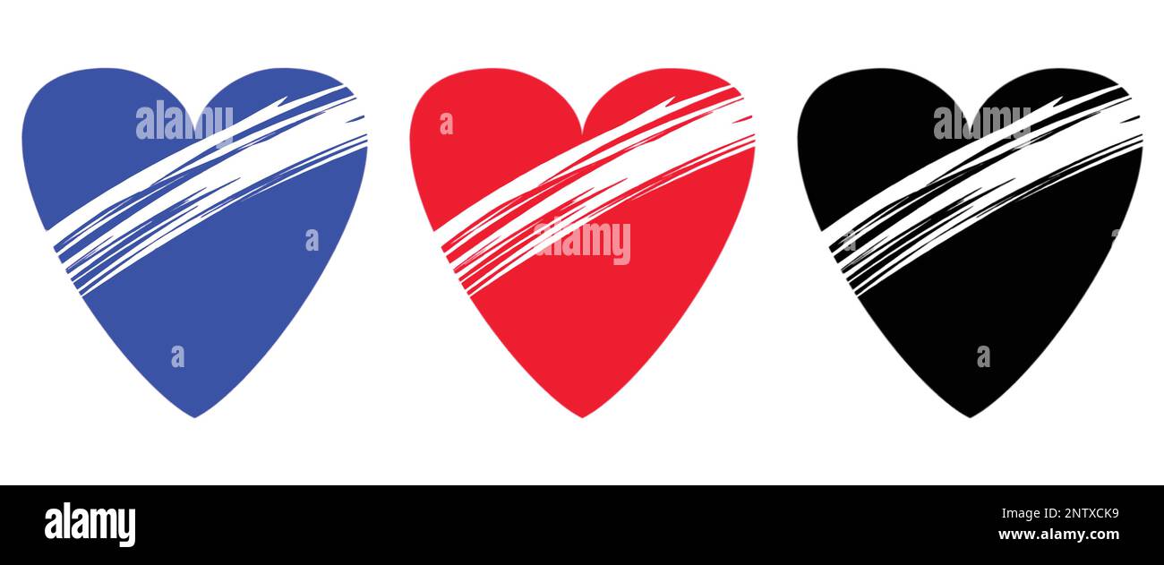 Tre cuori spezzati in colori diversi su uno sfondo bianco. Concetto di amore. Illustrazione Vettoriale
