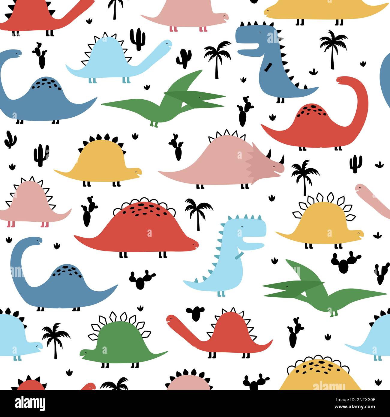 Motivo senza cuciture con simpatiche stampe di dinosauri, palme e cactus per bambini. Illustrazione Vettoriale