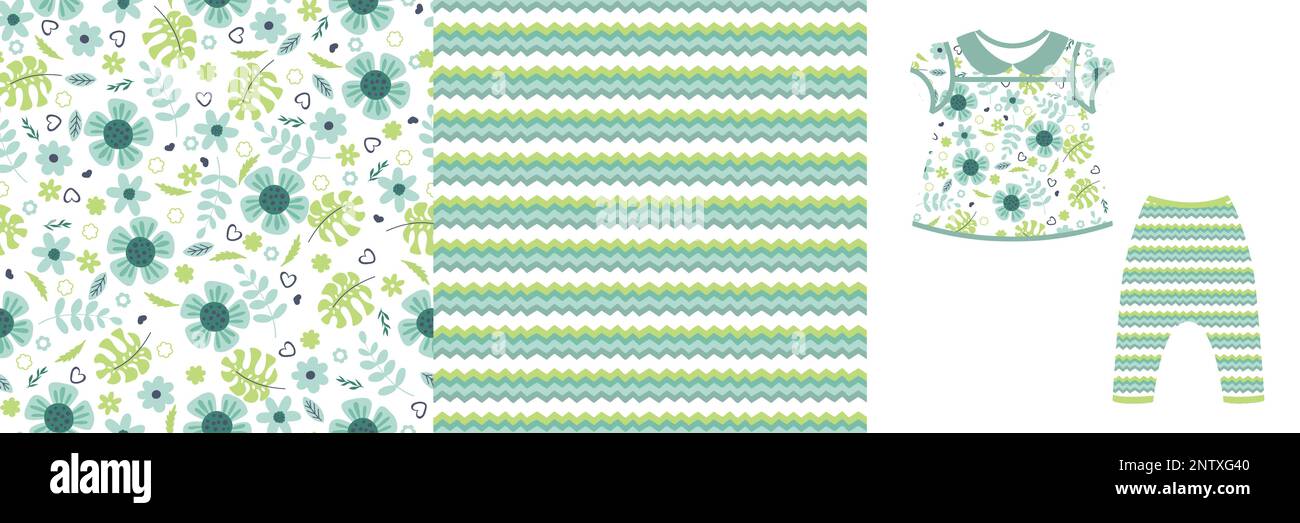Illustrazione della moda neonato. Due motivi senza cuciture floreali, schizzi vettoriali isolati ed elementi di progettazione Illustrazione Vettoriale