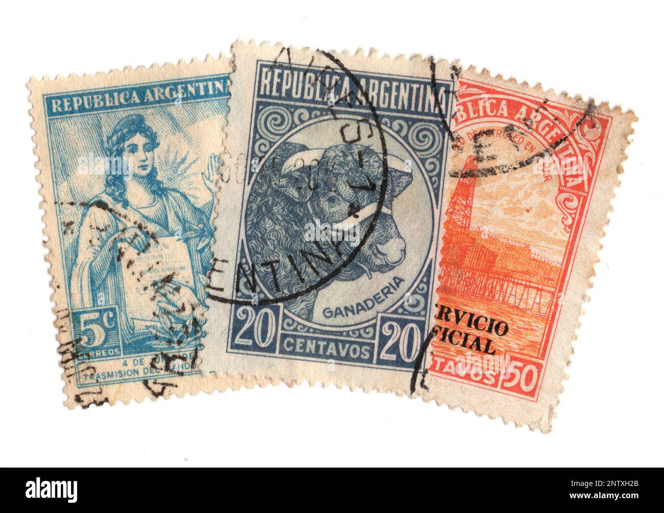 Francobolli d'epoca argentini su sfondo bianco. Foto Stock