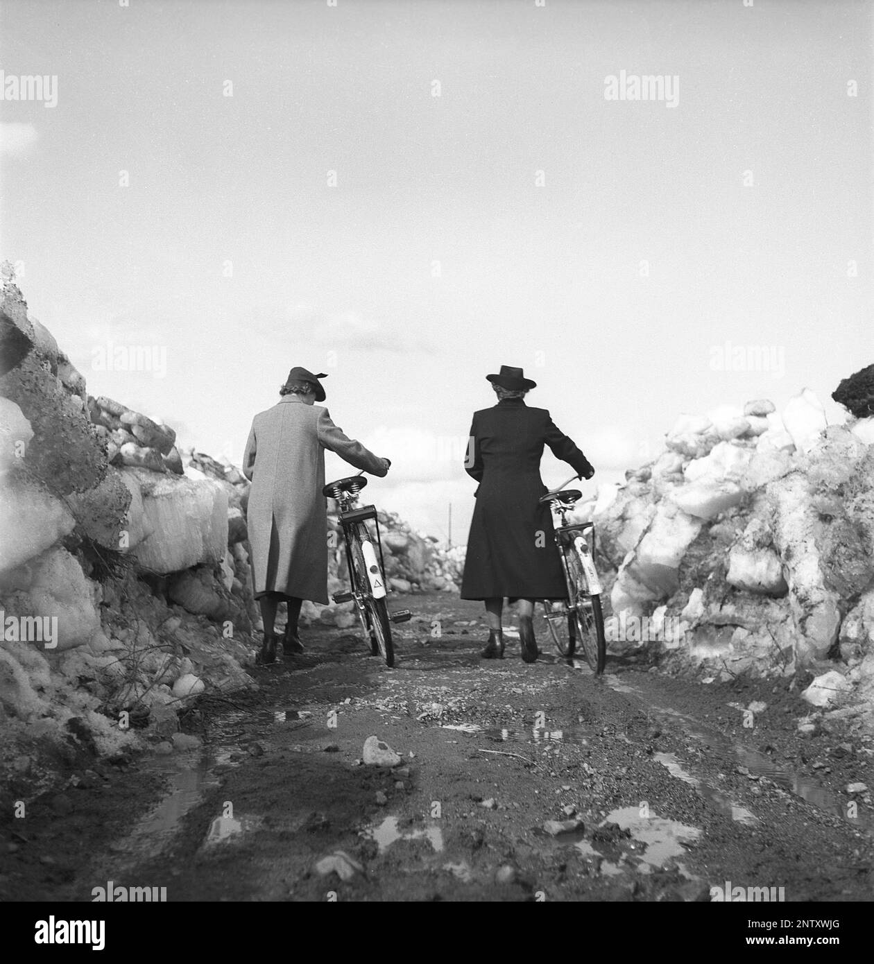 Disastro naturale negli anni '1940s. All'inizio dell'estate 20-23 maggio 1944, l'acqua nel fiume Torne älv si è inondata a causa di una massa di ghiaccio che ha smorzato l'acqua 3,5 metri più alta del normale. Le conseguenze sono state gravi. Sul terreno circostante sono stati lasciati dei metri di ghiaccio quando l'acqua si è scaricata e ha distrutto gli edifici agricoli e i campi. La strada principale che ha appena eliminato del ghiaccio-copertura e due donne locali che conducono le loro biciclette vicino al villaggio Korpikylä vicino a Skogskärr Kristoffersson Ref H132-3 Foto Stock