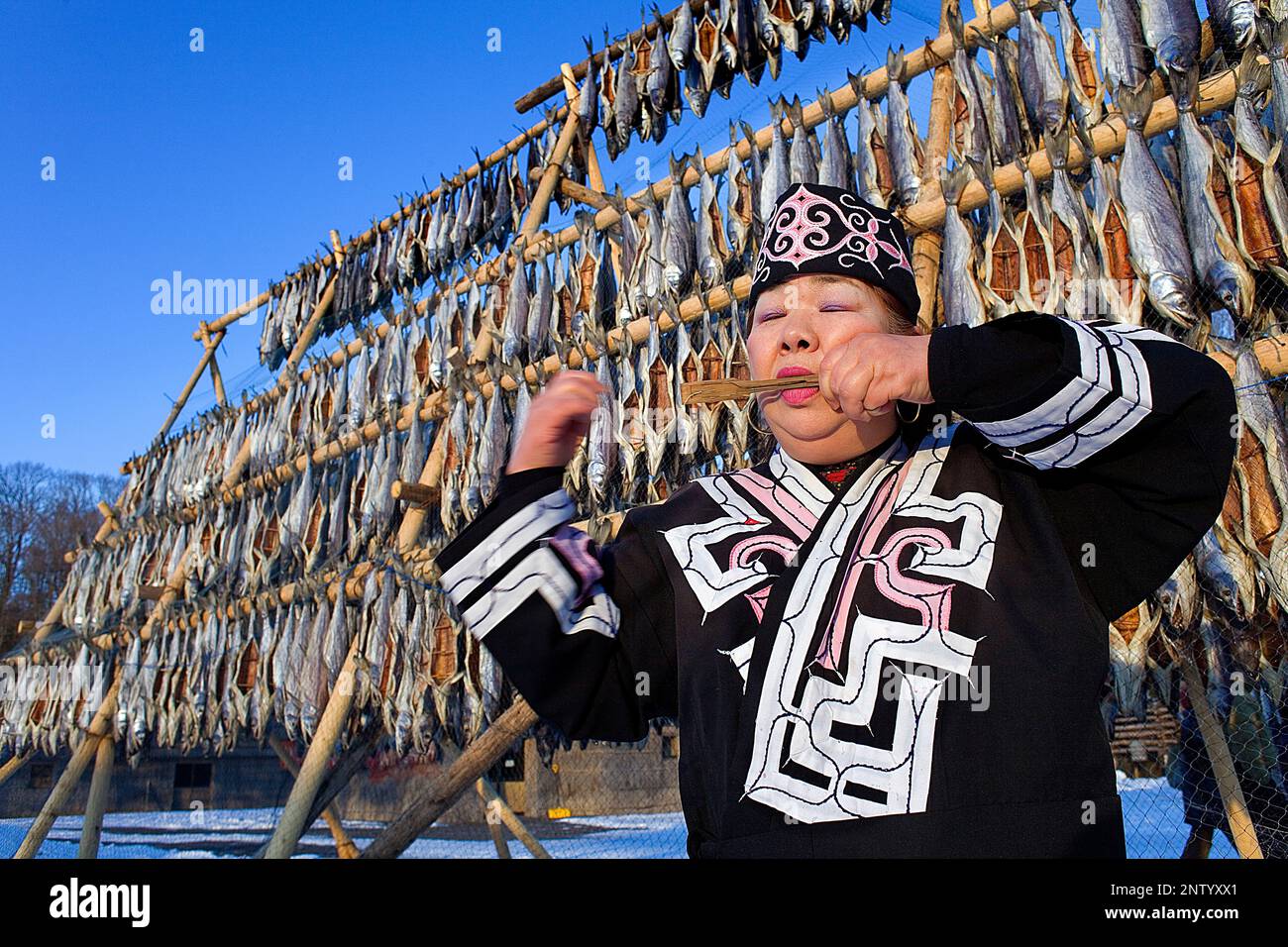 Ainu donna suonare uno strumento tradizionale in Ainu village museo,Shiraoi Poroto Kotan,Shiraoi,Hokkaido, Giappone Foto Stock