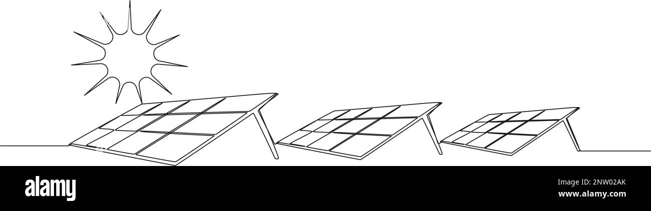 disegno a linea singola continuo di impianto fotovoltaico a energia solare, disegno vettoriale line art Illustrazione Vettoriale