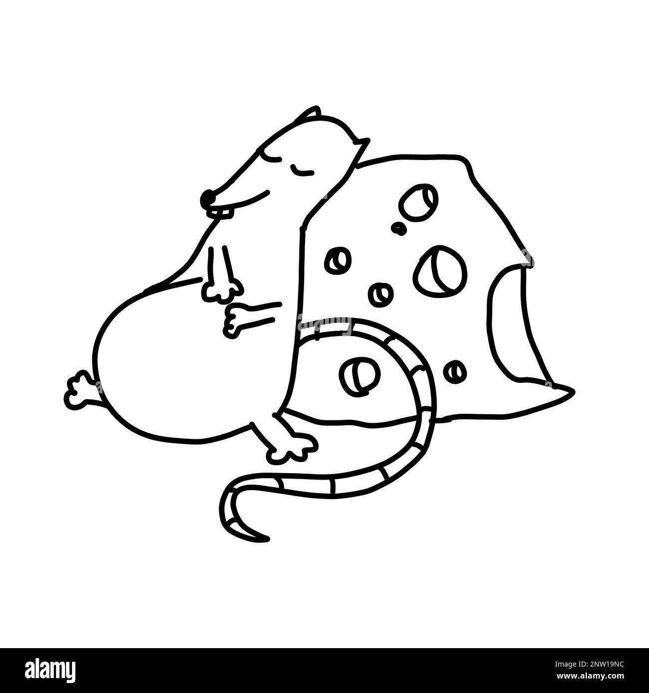 Carino ratto con un formaggio, topo in cartone animato contorno stile doodle. Illustrazione vettoriale isolata su sfondo bianco. Illustrazione Vettoriale