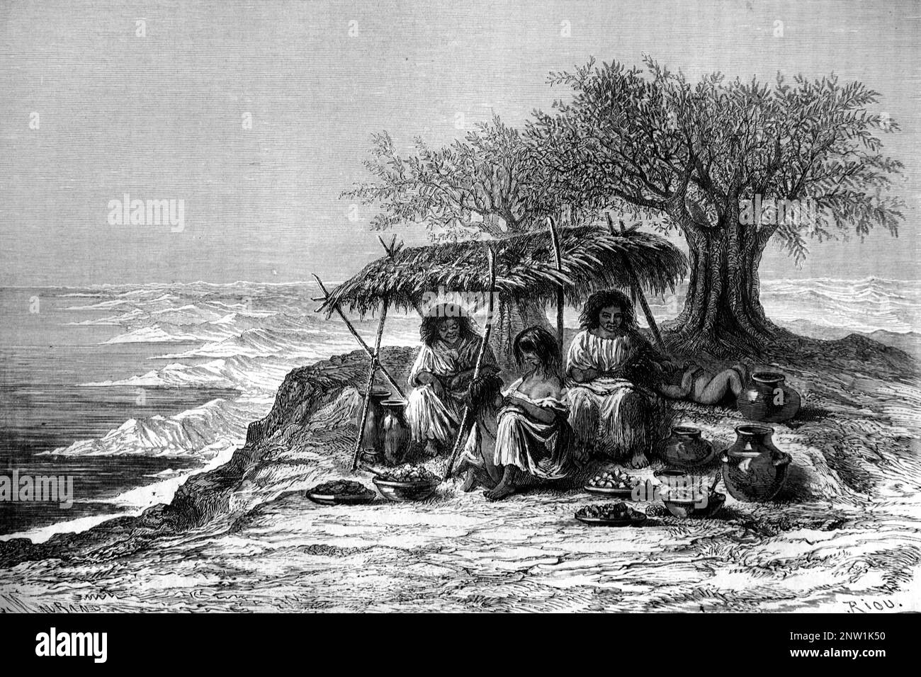 Vista anticipata del mercato alimentare stradale, Quechua Women o Quechua People, e il paesaggio vicino Quebrada Islay Provence Perù. Vintage Engraving o Illustrazione 1862 Foto Stock