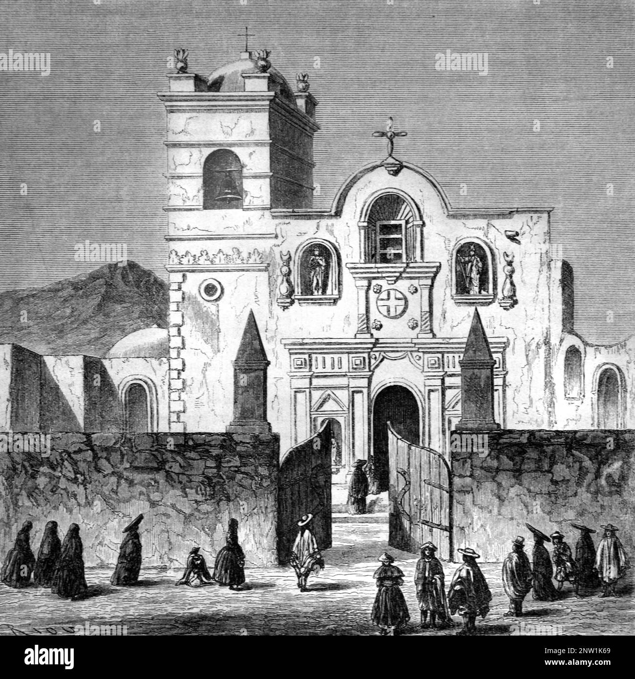 Chiesa di San Francisco (1569) o Basilica e Convento di San Francisco nella Città Vecchia o nel quartiere storico di Arequipa Perù. Vintage Engraving o Illustrazione 1862 Foto Stock