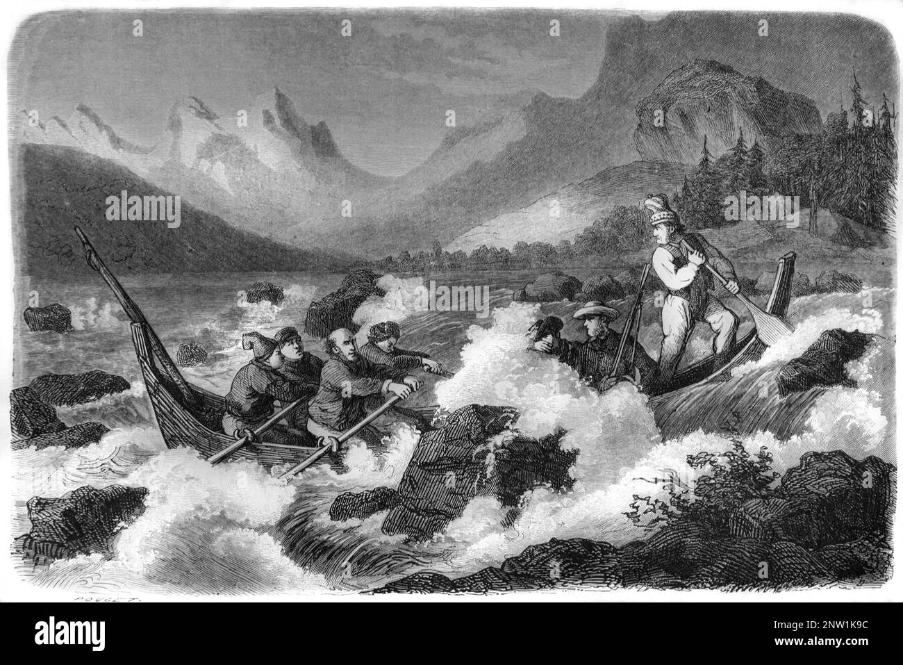 Rapide e fiume Viaggiare sul fiume Lulea Greater Lule Svezia. Vintage Engraving o Illustrazione 1862 Foto Stock