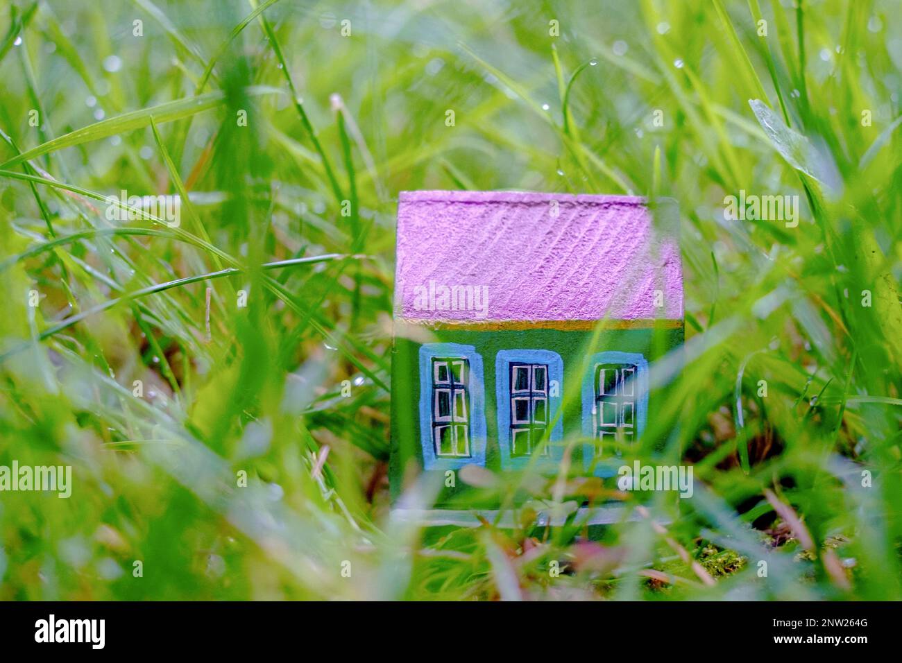 Una piccola casa giocattolo in mezzo ad erba alta. Il concetto di vivere in armonia con la natura Foto Stock