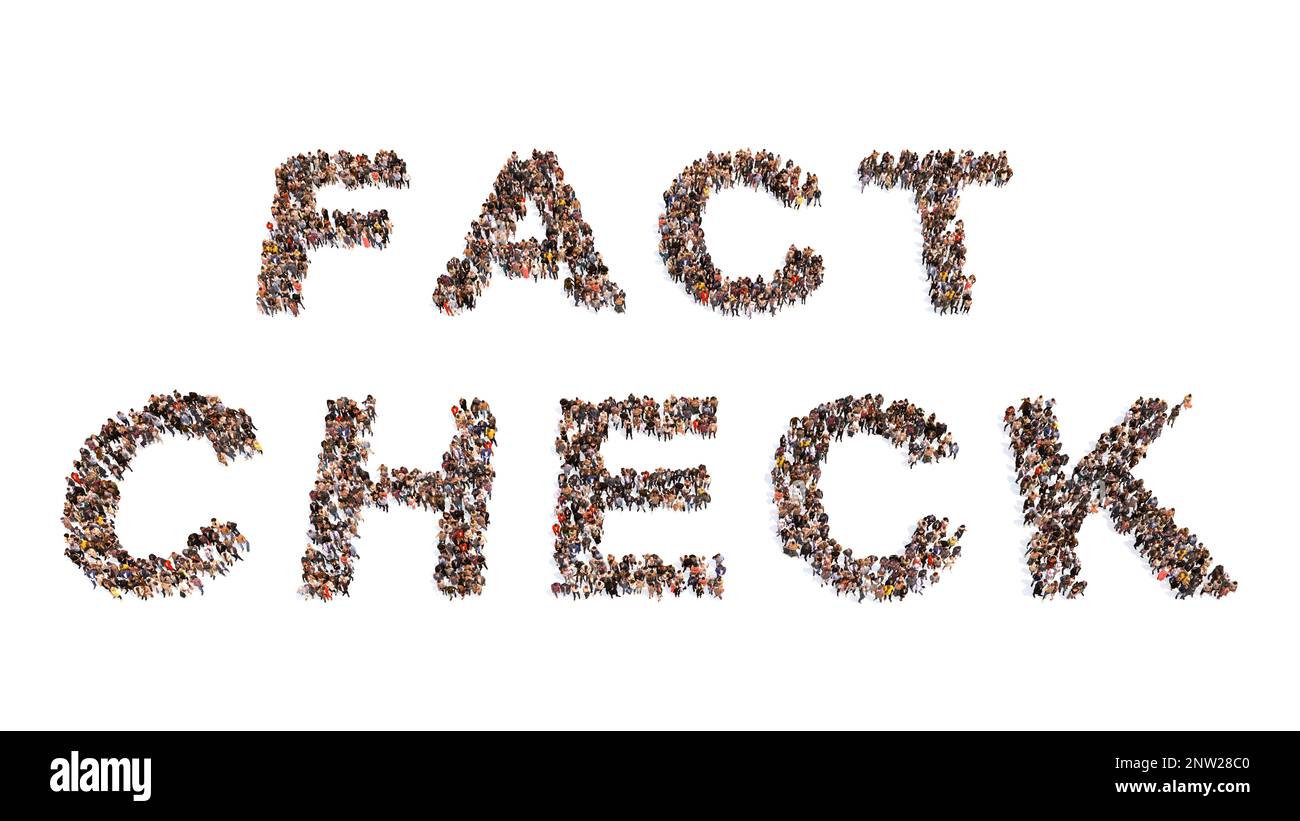 Concetto di comunità concettuale di persone che formano il worsd FACT CHECK. metafora dell'illustrazione 3d per ricerca, prove, affidabilità, verità Foto Stock