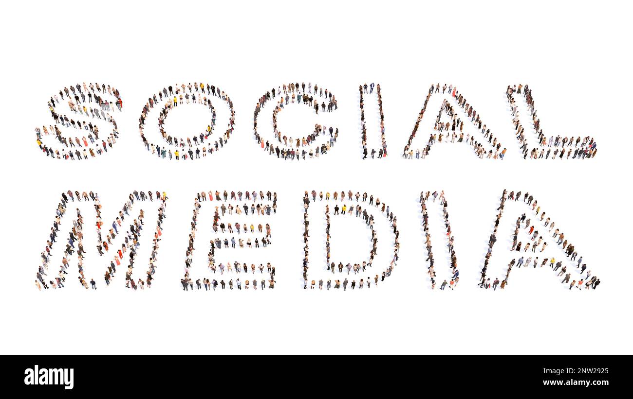 Concetto concettuale grande comunità di persone che formano LA parola DEI SOCIAL MEDIA. 3d metafora di illustrazione per la comunicazione e la connessione, la rete Foto Stock