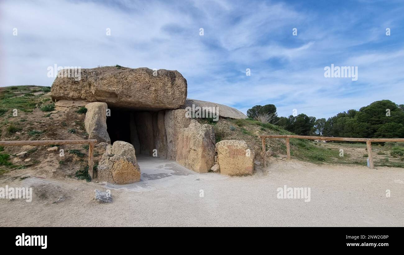 Il sito Antequera Dolmen con antiche strutture in Spagna Foto Stock