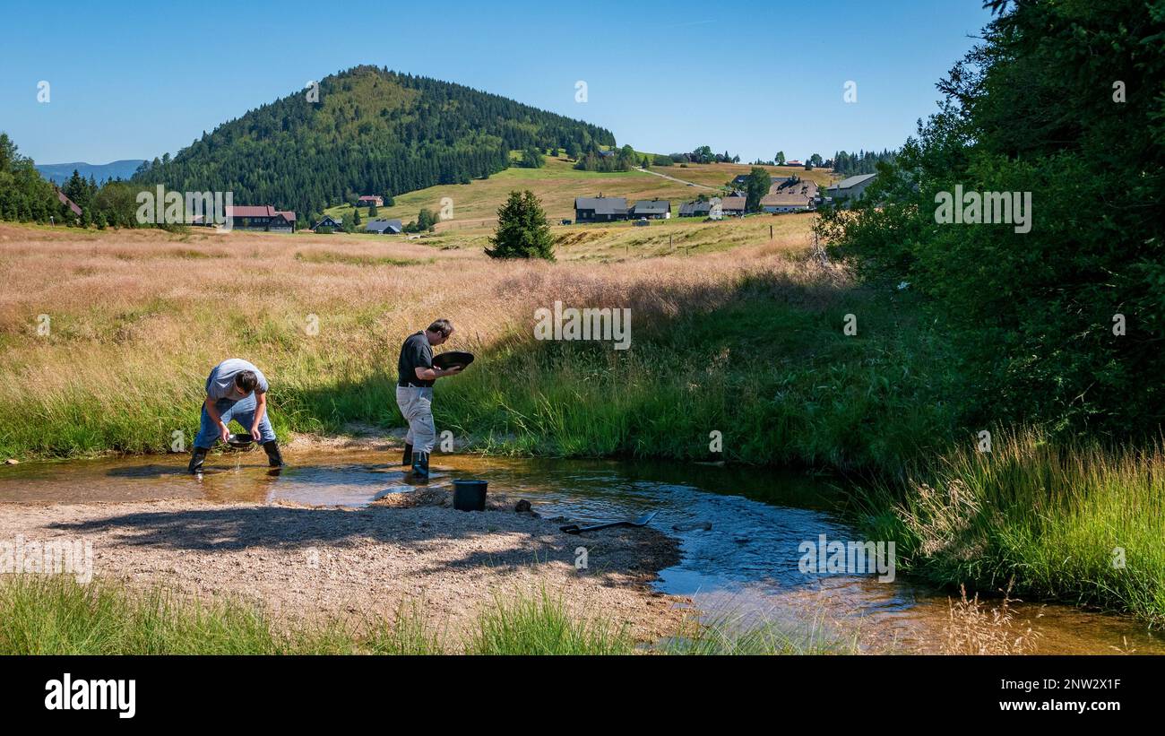 Gli uomini stanno ansimando l'oro nei ruscelli di montagna. Foto Stock