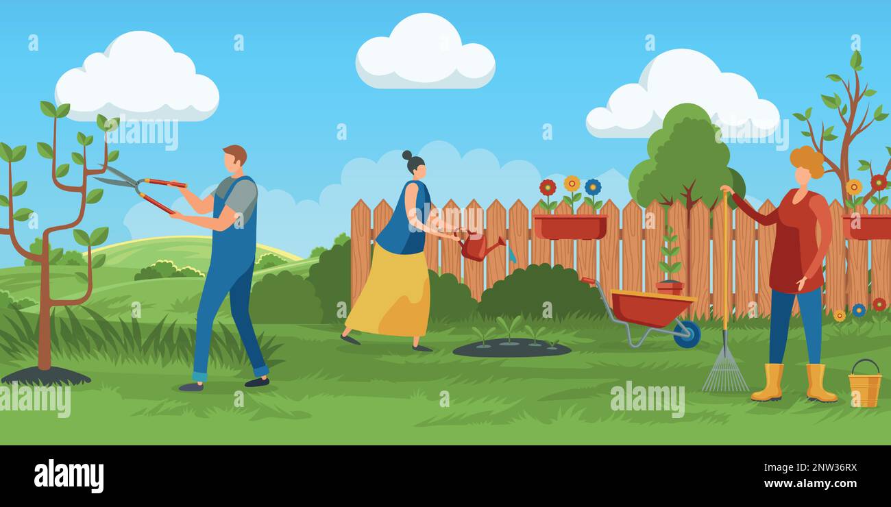 Persone che lavorano in giardino, raccogliere e crescere Illustrazione Vettoriale