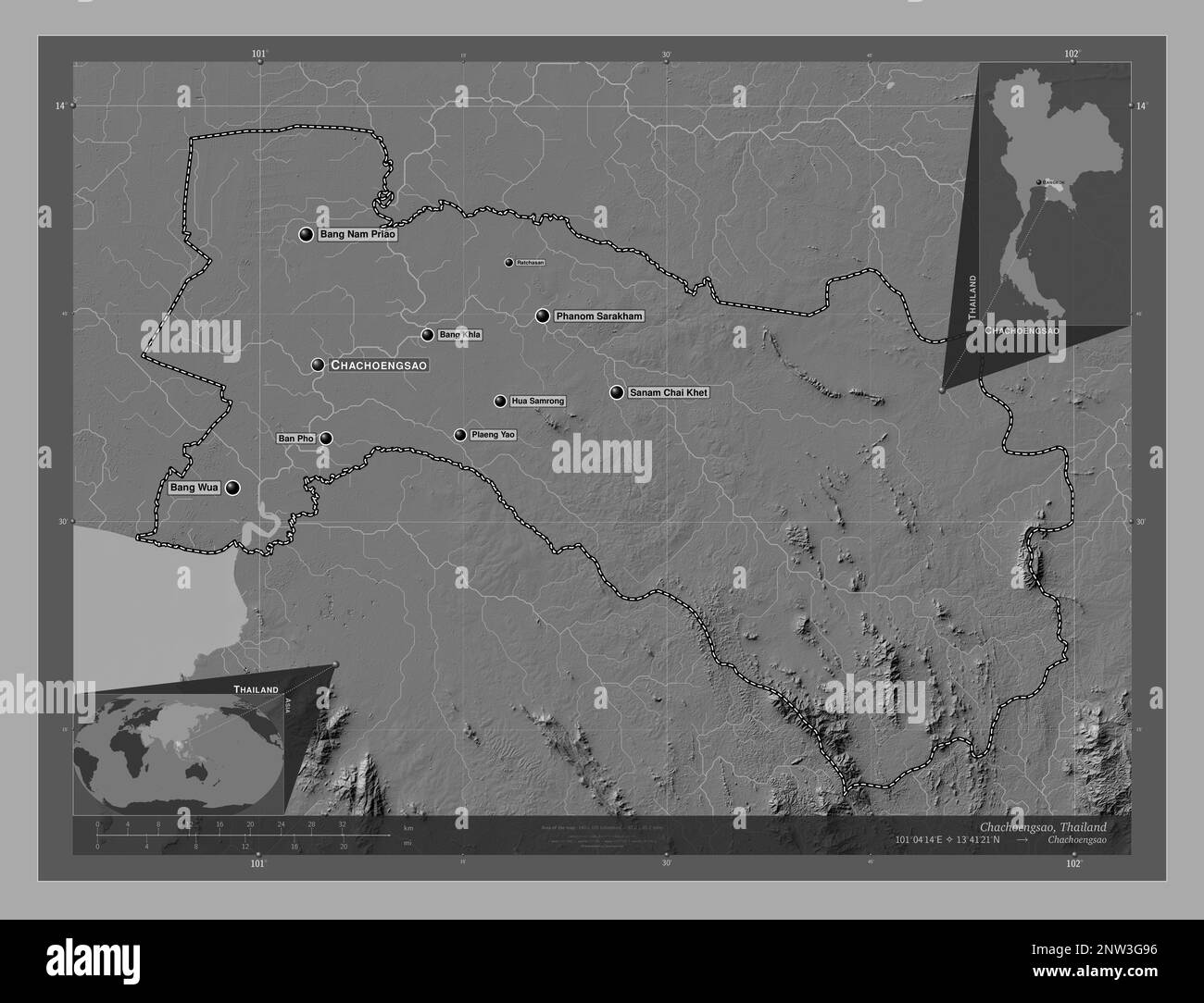 Chachoengsao, provincia della Thailandia. Mappa altimetrica bilivello con laghi e fiumi. Località e nomi delle principali città della regione. Ausiliario angolo l Foto Stock