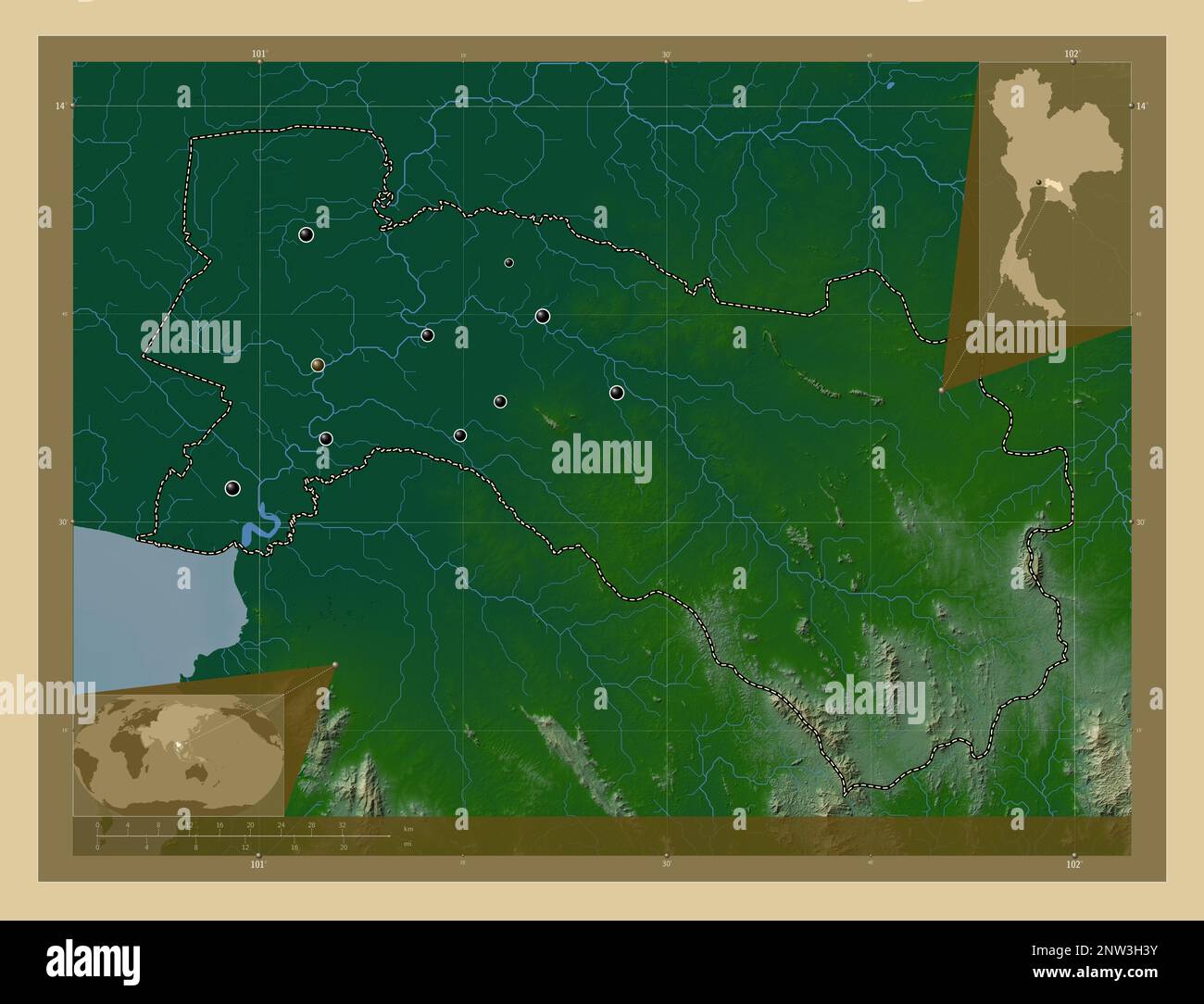 Chachoengsao, provincia della Thailandia. Mappa di altitudine colorata con laghi e fiumi. Posizioni delle principali città della regione. Posizione ausiliaria angolo ma Foto Stock