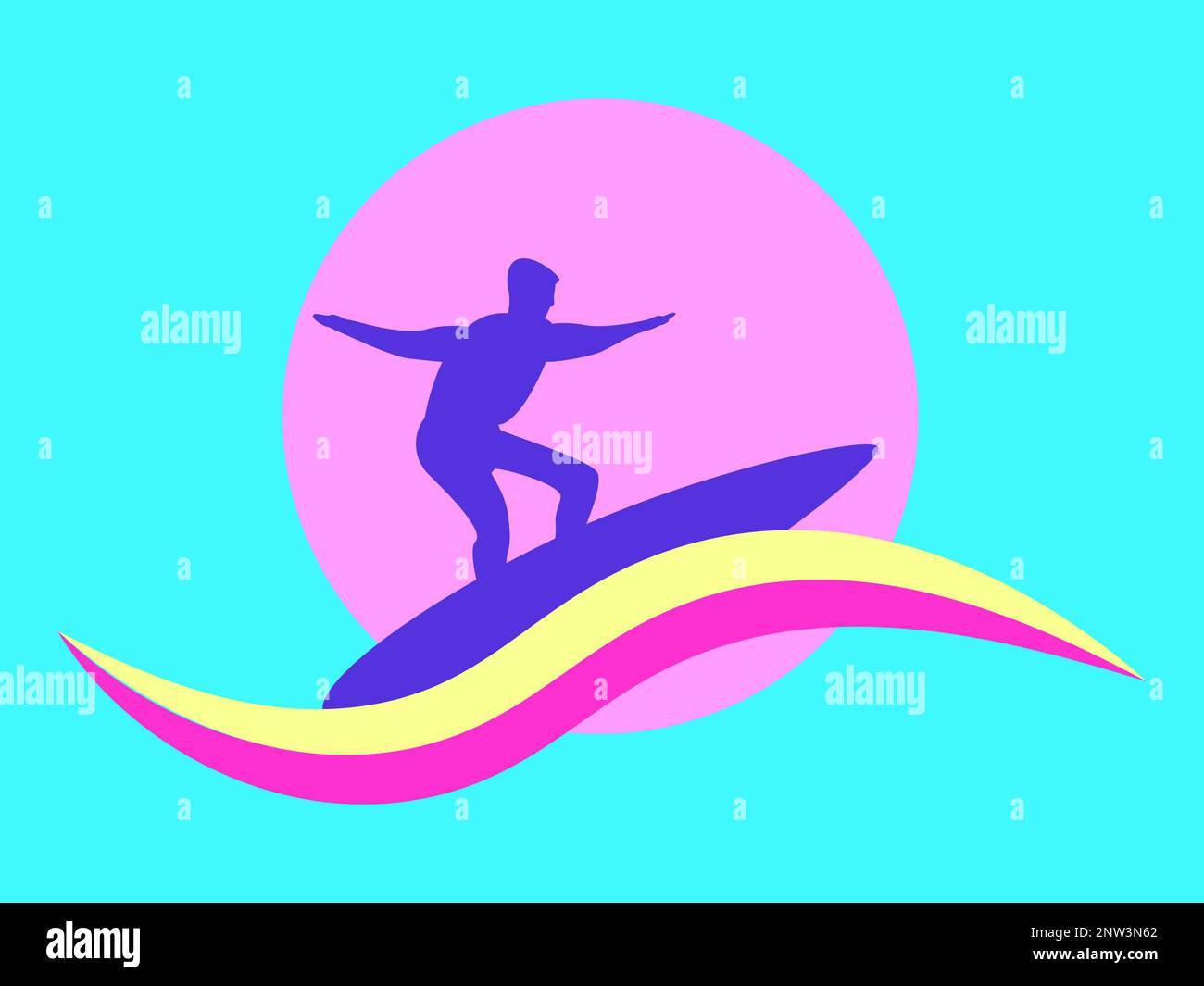 Silhouette di un surfista su una tavola da surf sullo sfondo del sole nello stile degli anni '80s. Passeggiate a onde, attività ricreative. Design per striscioni, p Illustrazione Vettoriale
