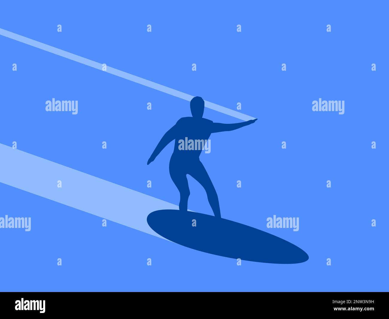 Silhouette di un surfista su una tavola da surf. Passeggiate a onde, attività ricreative, hobby. Design per banner, poster e articoli promozionali. Illustrazione vettoriale Illustrazione Vettoriale