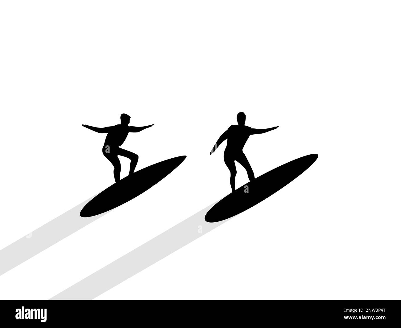 Silhouette di due surfisti che cavalcano le onde. Riposo attivo, hobby. Design per banner, poster e articoli promozionali. Illustrazione vettoriale Illustrazione Vettoriale