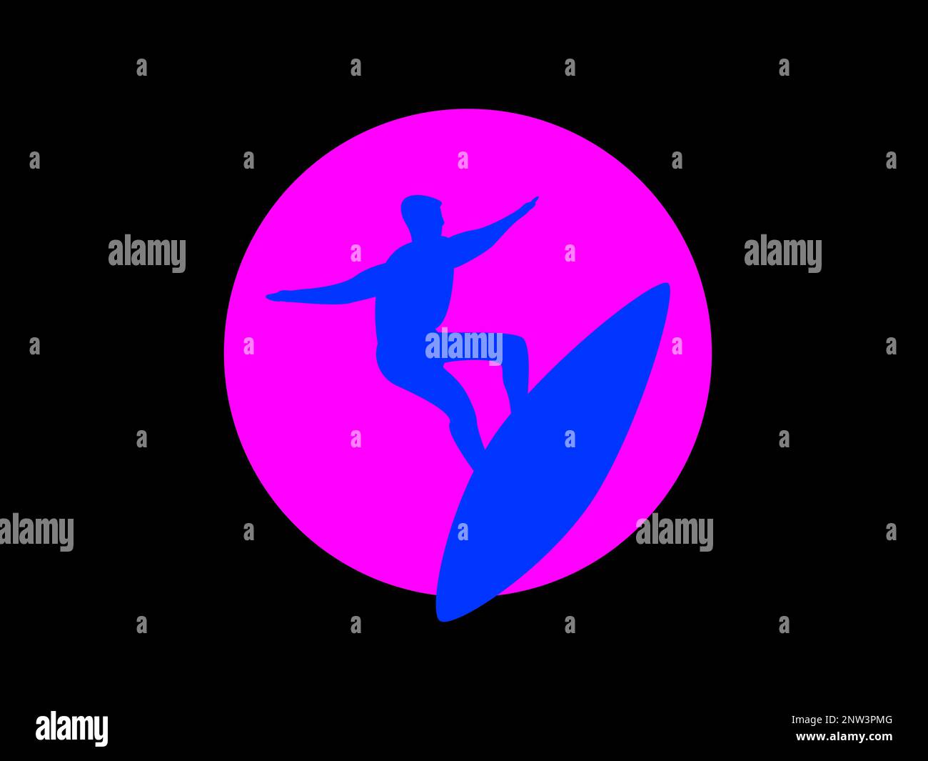 Silhouette di un surfista su una tavola da surf sullo sfondo del sole nello stile degli anni '80s. Passeggiate a onde, attività ricreative. Design per striscioni, p Illustrazione Vettoriale