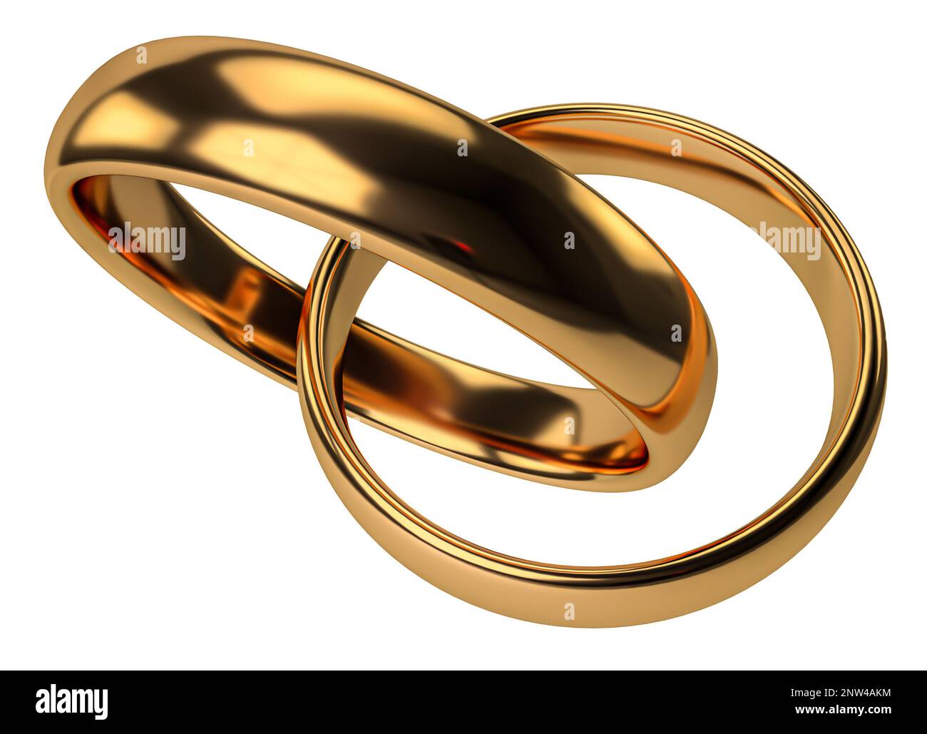 Illustrazione di due anelli d'oro per matrimoni isolati su bianco. Concetti di unità Foto Stock