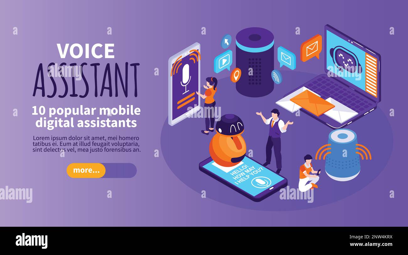 Banner orizzontale dell'assistente vocale che fornisce informazioni su dieci popolari assistenti digitali mobili illustrazione isometrica vettoriale Illustrazione Vettoriale