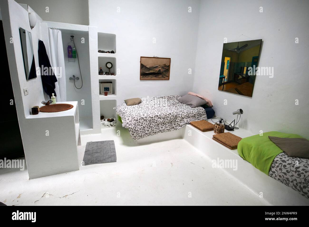 camera all'interno del tradizionale edificio finca casa colonica imbiancata dimora storica a Lanzarote, Isole Canarie, Spagna Foto Stock
