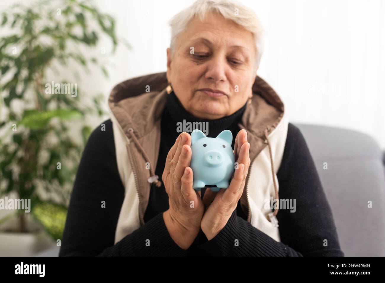 Primo piano di una donna anziana in possesso di una scatola di denaro di maiale. Mani di donna anziana che tengono un piggybank. Concetto di risparmio di denaro per la vecchiaia. Foto Stock