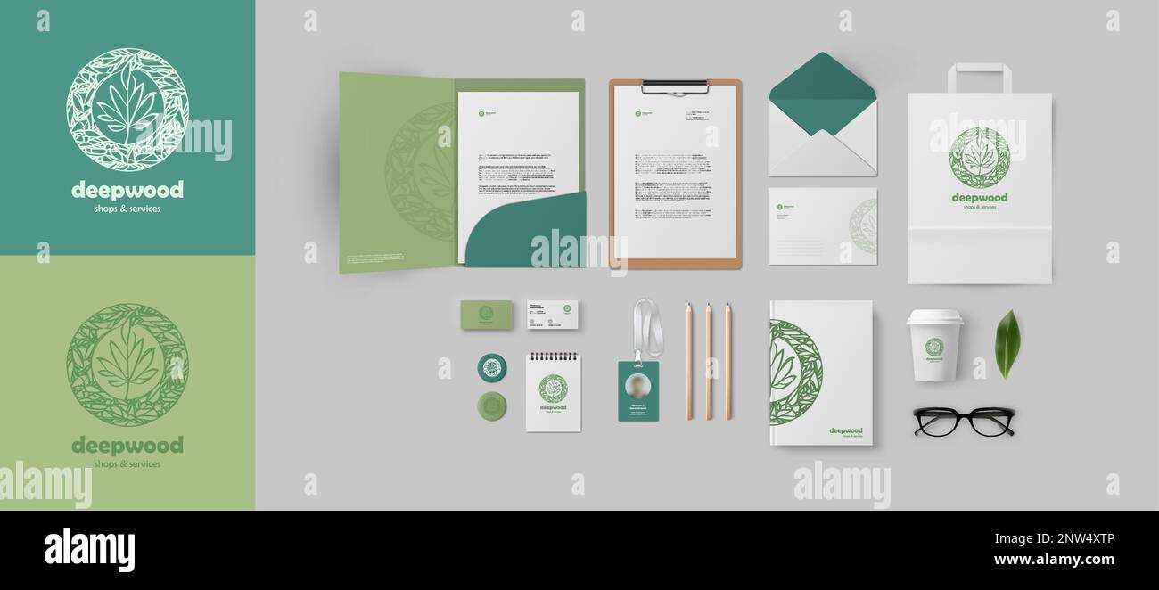 Set di mockup di branding aziendale realistico. Modello di identità con logo eco naturale verde, stile moderno per la presentazione della vostra azienda, logo pure LIFE. Illustrazione Vettoriale