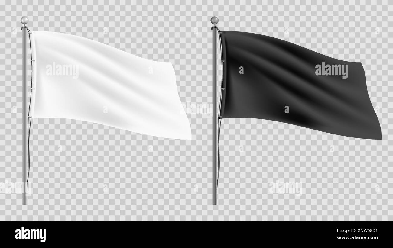 Set di mockup di bandiere bianche e nere ondulate su pali metallici isolati su sfondo trasparente rappresentazione realistica del vettore Illustrazione Vettoriale