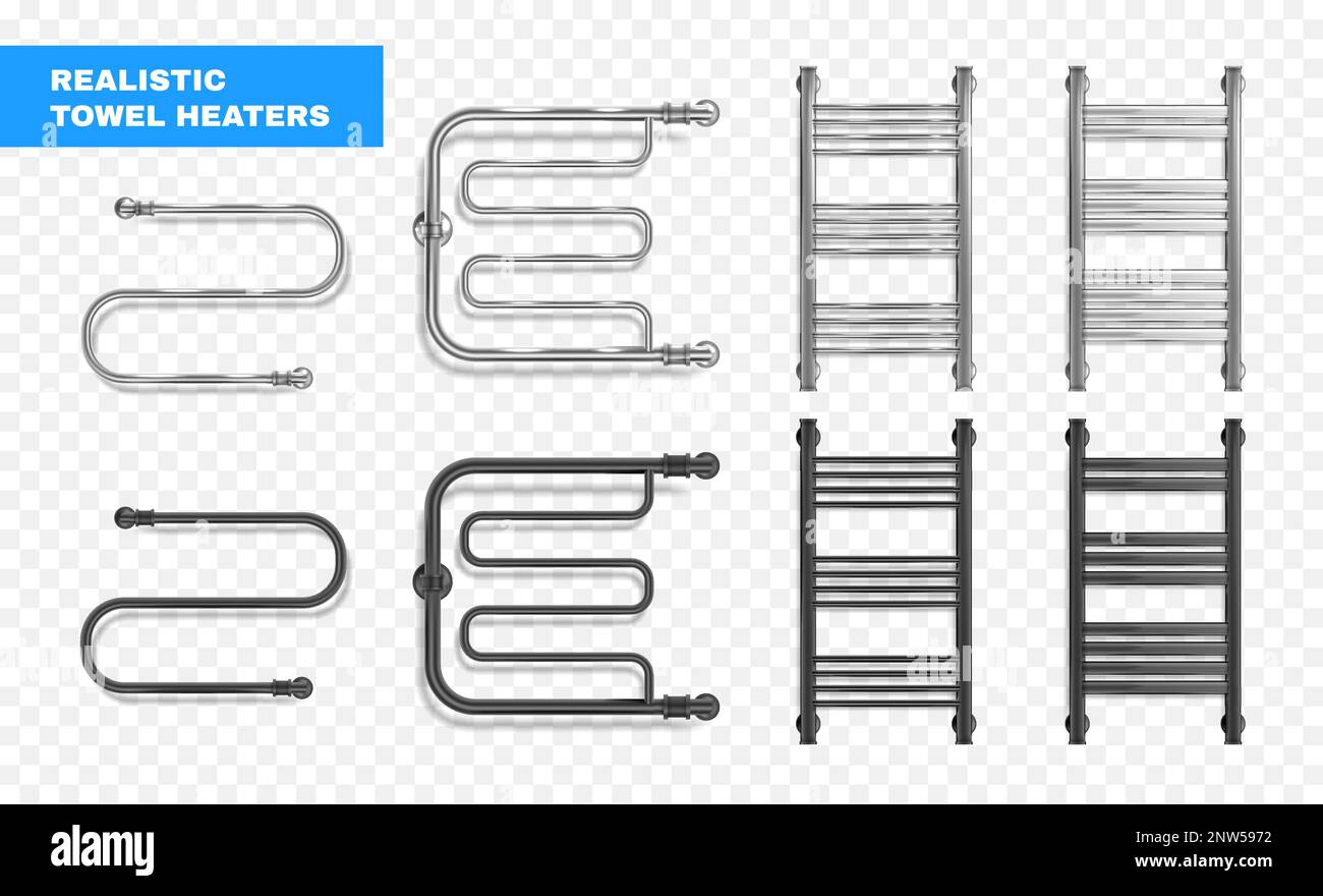 Set realistico di scaldasalviette isolate in argento e nero su sfondo trasparente Illustrazione Vettoriale