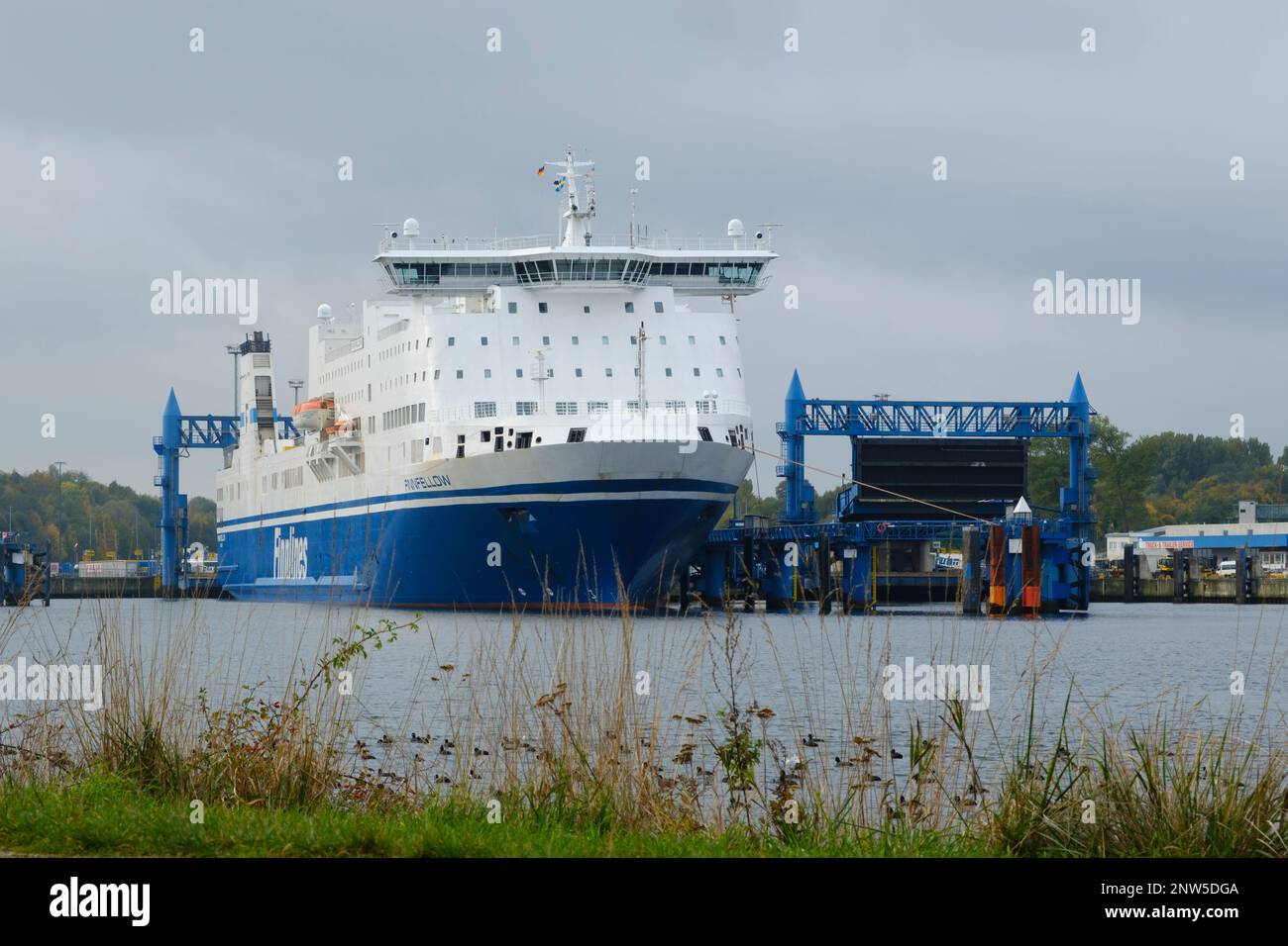 Traghetto al molo Scandinavia, Travemünde, Lübeck, Mar Baltico, Schleswig-Holstein, Germania, Europa Foto Stock