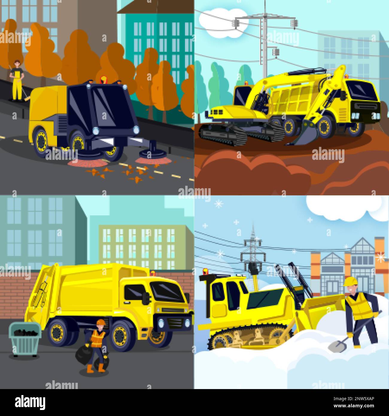 Servizio municipale pulizia stradale trasporto piano di quattro composizioni quadrate con paesaggi urbani e veicoli illustrazione vettoriale Illustrazione Vettoriale