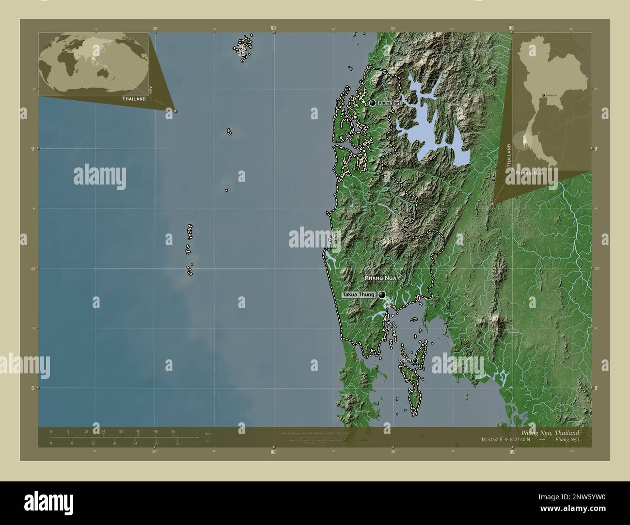 Phang Nga, provincia della Thailandia. Mappa dell'altitudine colorata in stile wiki con laghi e fiumi. Località e nomi delle principali città della regione. Angolo Foto Stock