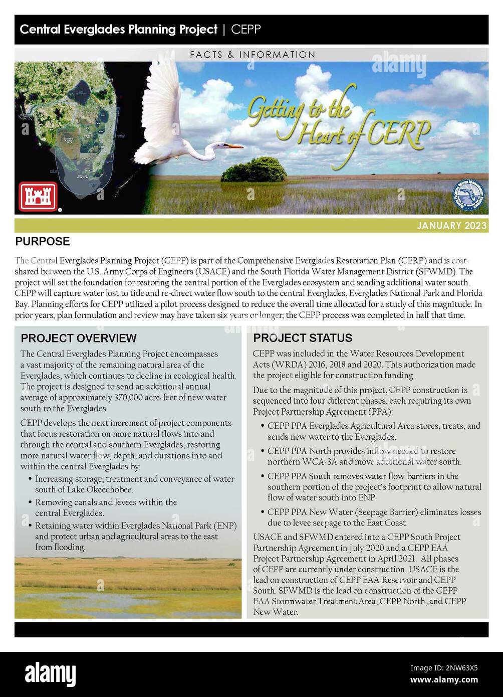 Scheda tecnica pagina 1: Il progetto di pianificazione delle Everglades centrali (CEPP) fa parte del piano di restauro completo delle Everglades (CERP) ed è condiviso tra gli Stati Uniti Corpo dell'esercito degli ingegneri (USACE) e il distretto di gestione delle acque della Florida del sud (SFWMD). Il progetto getterà le basi per il ripristino della parte centrale dell'ecosistema delle Everglades e l'invio di acqua supplementare a sud. Il CEPP catturerà l'acqua persa per marea e reindirizzerà il flusso d'acqua verso sud verso le Everglades centrali, il Parco Nazionale delle Everglades e la Florida Bay. Gli sforzi di pianificazione per il CEPP hanno utilizzato un processo pilota progettato per ridurre il Foto Stock Scheda tecnica pagina 1: Il progetto di pianificazione delle Everglades centrali (CEPP) fa parte del piano di restauro completo delle Everglades (CERP) ed è condiviso tra gli Stati Uniti Corpo dell'esercito degli ingegneri (USACE) e il distretto di gestione delle acque della Florida del sud (SFWMD). Il progetto getterà le basi per il ripristino della parte centrale dell'ecosistema delle Everglades e l'invio di acqua supplementare a sud. Il CEPP catturerà l'acqua persa per marea e reindirizzerà il flusso d'acqua verso sud verso le Everglades centrali, il Parco Nazionale delle Everglades e la Florida Bay. Gli sforzi di pianificazione per il CEPP hanno utilizzato un processo pilota progettato per ridurre il Foto Stock