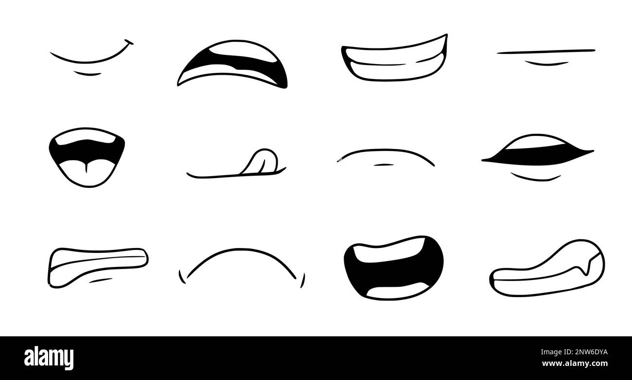 Cartone animato bocca sorriso, felice, triste espressione set. Bocca di doodle disegnata a mano, lingua caricatura emoji icona. Divertente stile comico doodle. Illustrazione vettoriale. Illustrazione Vettoriale