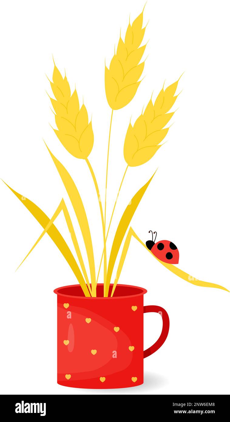 Bouquet di spikelets di grano con coccinella sul foglio in tazza rossa. Illustrazione vettoriale. poster della coppa estiva con raccolta Illustrazione Vettoriale