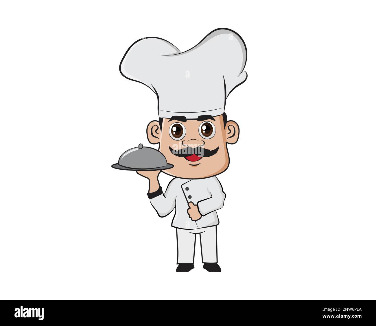Happy Chef Holding e illustrazione di piatti di servizio con stile cartoon Illustrazione Vettoriale