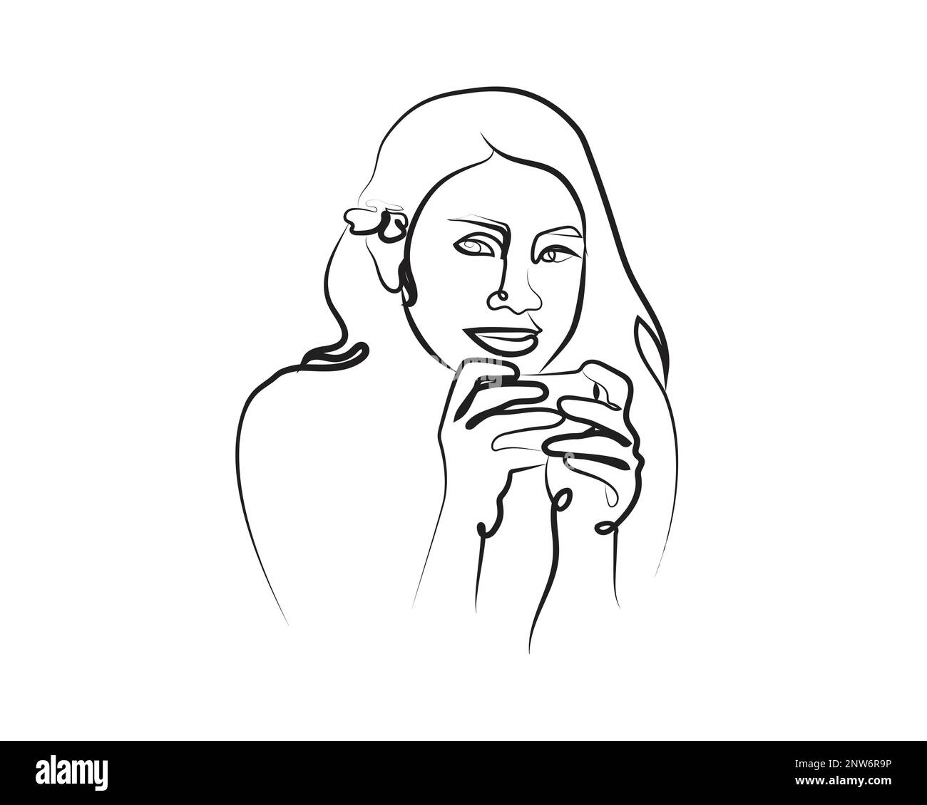 Donna sorridente che tiene Una tazza di caffè linea Silhouette Art Style Illustrazione Vettoriale